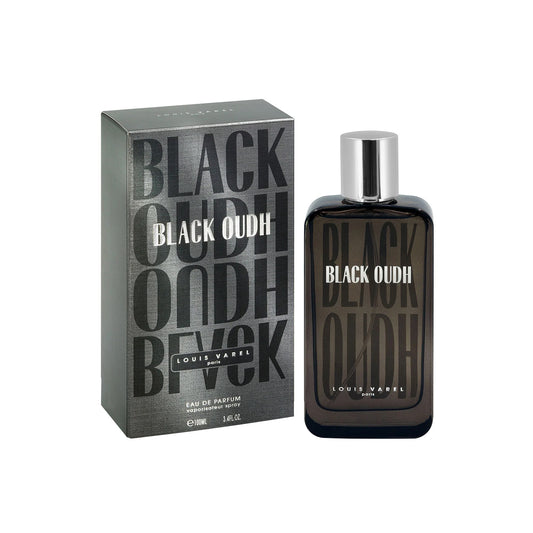 Louis Varel Black Oudh EDP Unisex 100ml Perfume – luxurious unisex oud fragrance with sandalwood and dark oud, long-lasting aroma in elegant black bottle with stylish typography at Beautika Shop