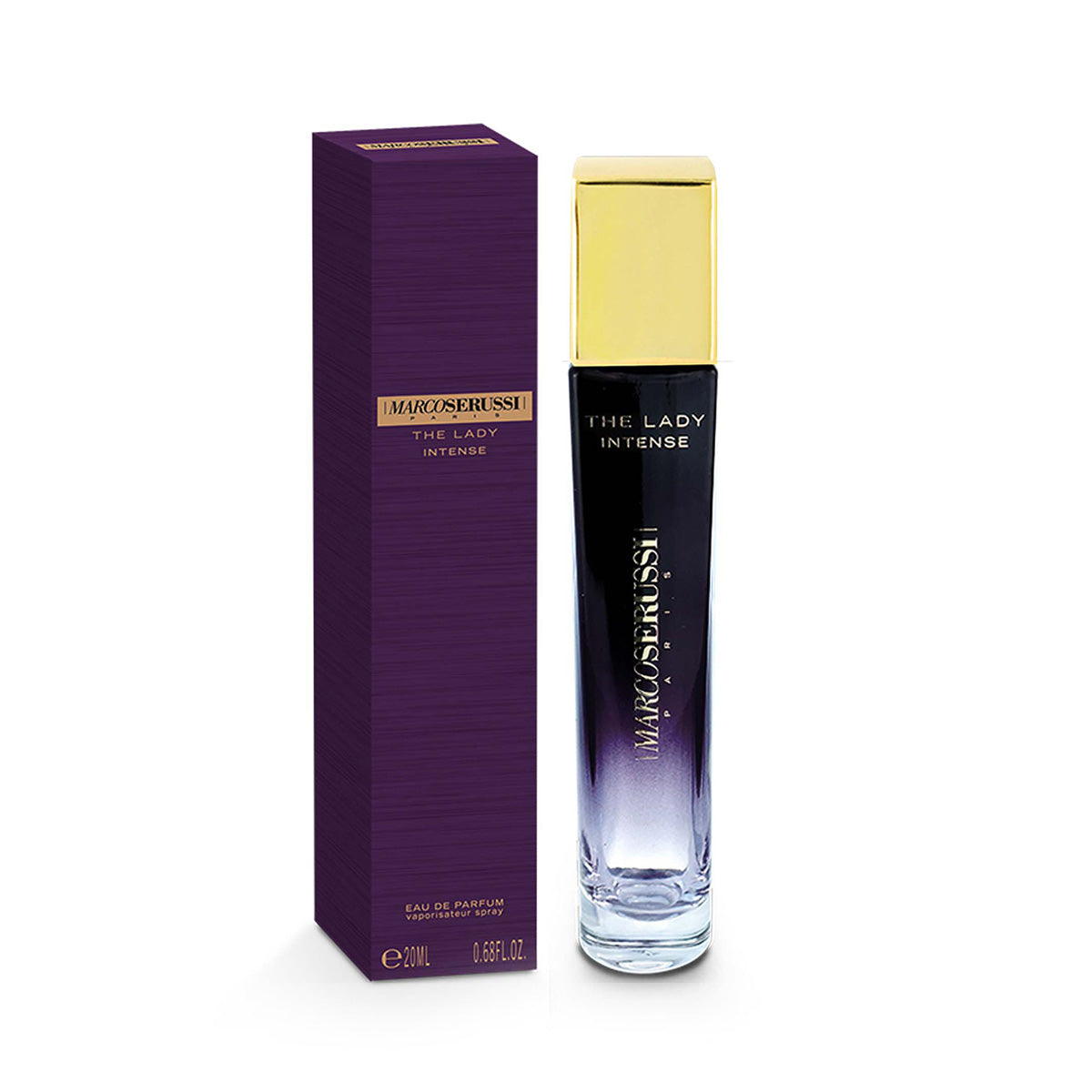 Marco Serussi The Lady Intense EDP 20ml Perfume – elegant feminine fragrance with dark purple aroma, sophisticated and glamorous scent in curvy bottle with golden cap at Beautika Shop