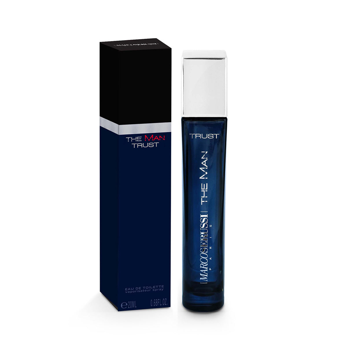 Marco Serussi The Man Trust EDT Men 20ml Perfume – fresh masculine fragrance in dark blue bottle with silver metal shield, long-lasting scent reflecting trust and elegance at Beautika Shop