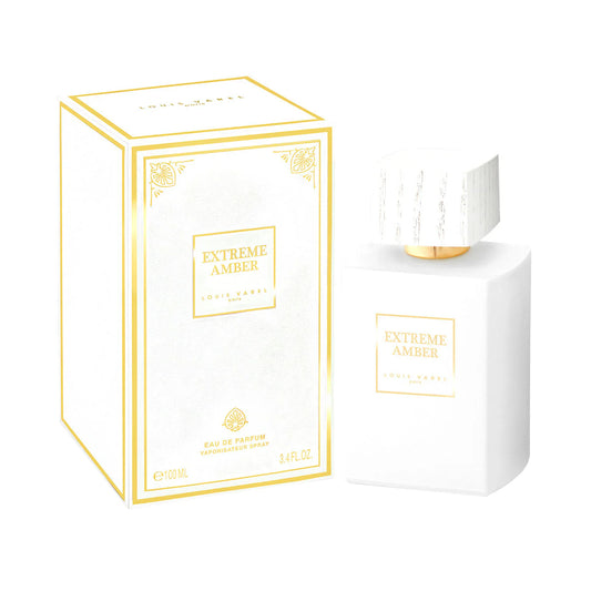 Louis Varel Extreme Amber EDP 100ml Perfume – white and gold bottle, oriental amber fragrance with vanilla, patchouli, and tonka bean at Beautika Shop