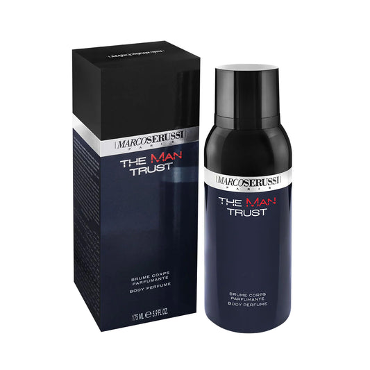 Marco Serussi The Man Trust 175ml Body Perfume – fresh long-lasting unisex fragrance in dark blue bottle with silver metal shield, enhancing masculine charm at Beautika Shop