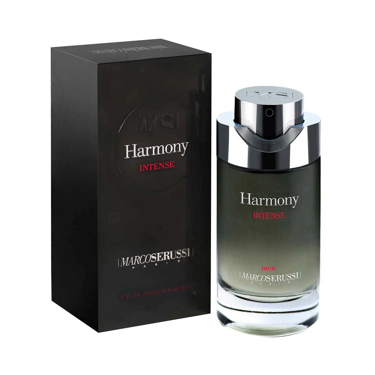 Marco Serussi Harmony Intense EDP 100ml Perfume – elegant men’s fragrance in harmonized bottle with shiny cap, sophisticated woody, spicy and musky scent at Beautika Shop