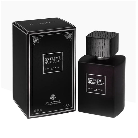 Louis Varel Extreme Mukhalat EDP 100ml Perfume – oriental spicy fragrance with bergamot, iris, vanilla, patchouli, and pure oil blend of oud, rose, musk, sandalwood, and amber in elegant dark brown bottle at Beautika Shop