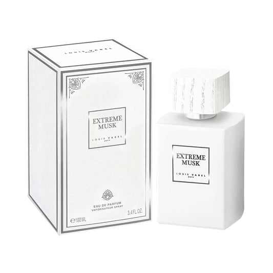 Louis Varel Extreme Musk EDP 100ml Perfume – white and silver bottle, spicy oriental fragrance with synthetic musk, rose, cinnamon, patchouli, and oud at Beautika Shop