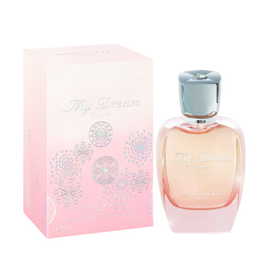 Louis Varel My Dream Women EDP 90ml Perfume – elegant pinkish bottle with silver diamond crown cap, feminine fragrance with citrus, floral and musky notes at Beautika Shop