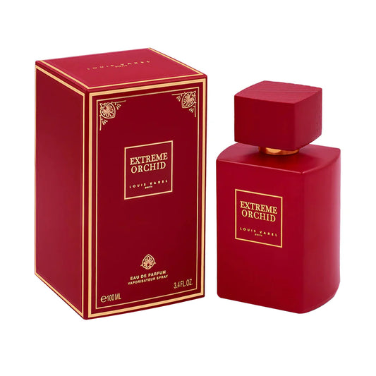 Louis Varel Extreme Orchid EDP 100ml Perfume – luxurious unisex fragrance with exotic red orchid, saffron, rose, and musk in a bold red and gold bottle at Beautika Shop