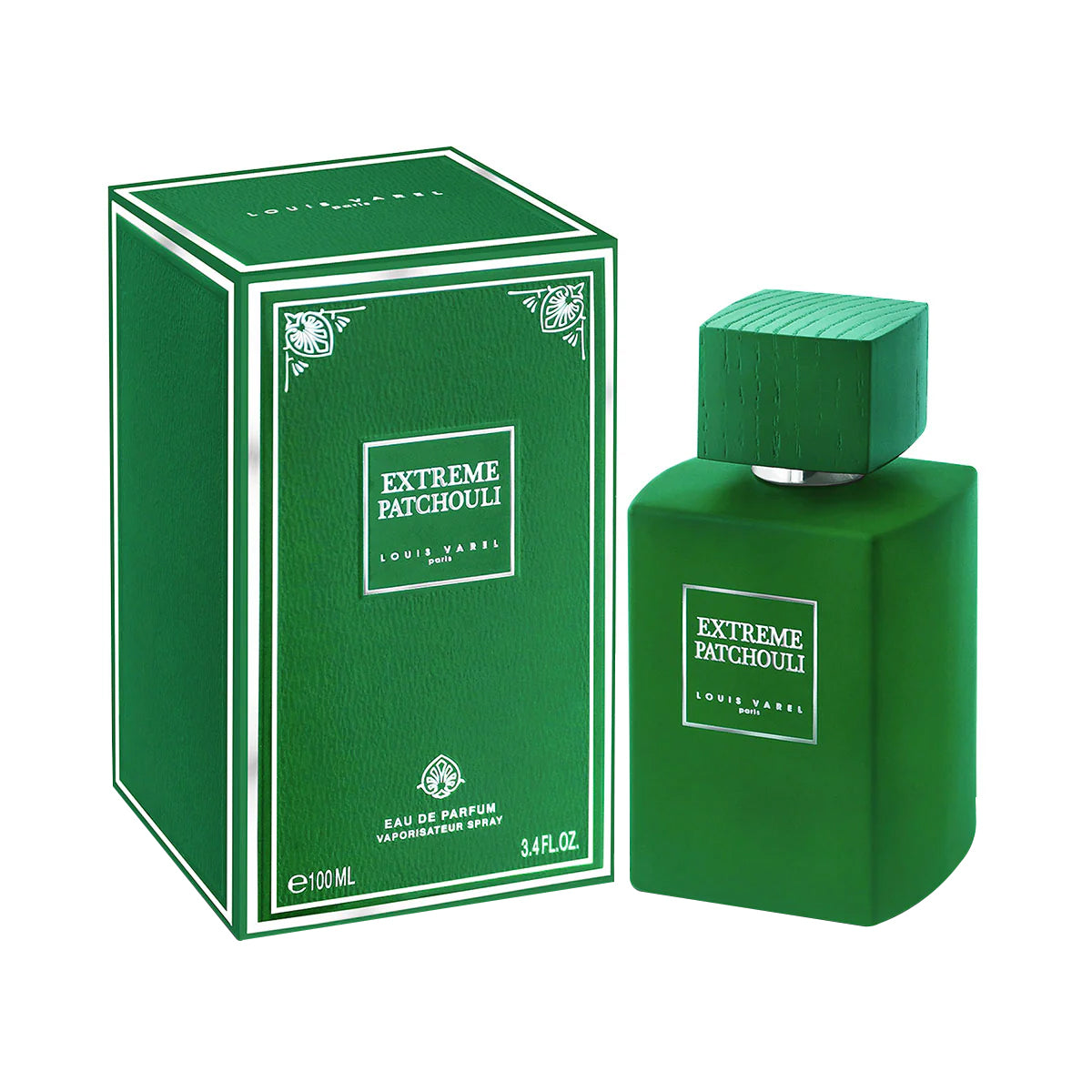 Louis Varel Extreme Patchouli EDP 100ml Perfume – long lasting woody oriental fragrance with patchouli, amber, rose, white wood and jasmine in a green and silver bottle at Beautika Shop