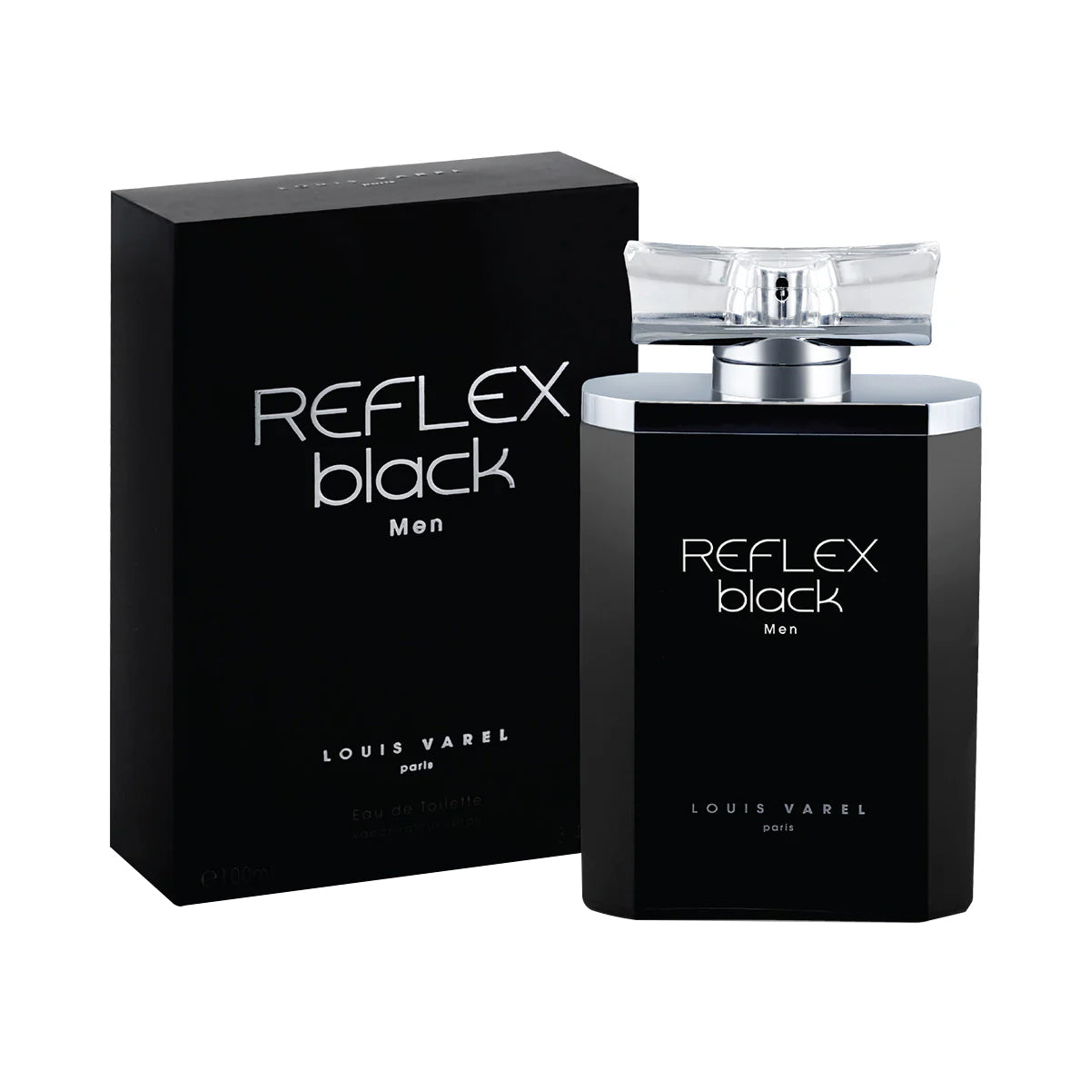 Louis Varel Reflex Black Men EDT 100ml Perfume – sleek black bottle, elegant masculine fragrance with fresh bergamot, apple, spicy pepper, vetiver, musk and amber notes at Beautika Shop