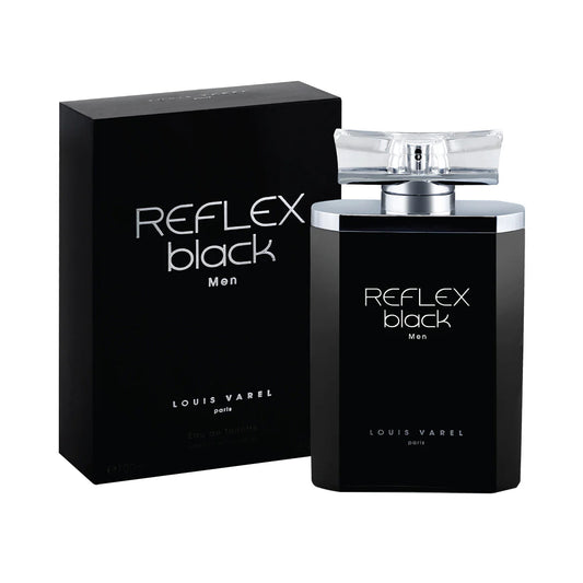 Louis Varel Reflex Black Men EDT 100ml Perfume – sleek black bottle, elegant masculine fragrance with fresh bergamot, apple, spicy pepper, vetiver, musk and amber notes at Beautika Shop
