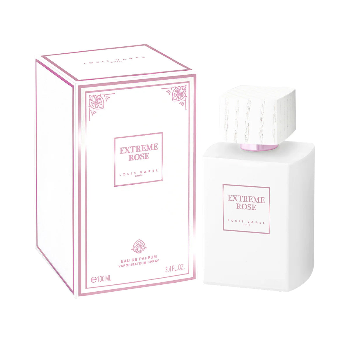 Louis Varel Extreme Rose EDP 100ml Perfume – white and pink bottle, sweet oriental fragrance with rose, toffee, and vanilla at Beautika Shop