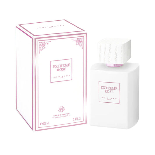 Louis Varel Extreme Rose EDP 100ml Perfume – white and pink bottle, sweet oriental fragrance with rose, toffee, and vanilla at Beautika Shop