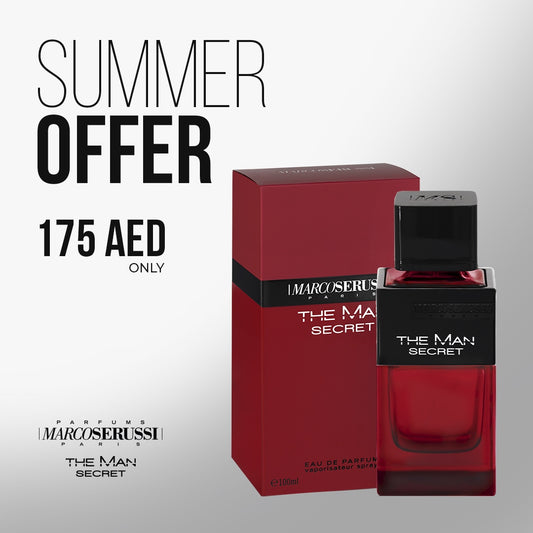 Marco Serussi The Man Secret EDP 100ML Perfume – luxury men’s fragrance in elegant dark red bottle with black shield, premium masculine scent available at Beautika Shop
