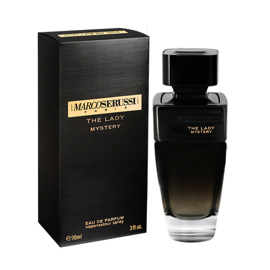 Marco Serussi The Lady Mystery EDP 90ml Perfume – women’s fragrance in elegant curvy bottle with black cap, mysterious and sensual scent available at Beautika Shop