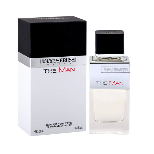 Marco Serussi The Man EDT 100ML Perfume – men’s fragrance in long bottle with metal shield and soft-touch cap, elegant masculine scent available at Beautika Shop