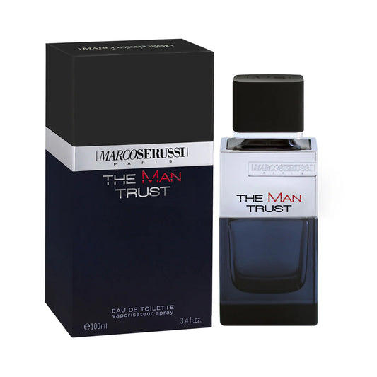 Marco Serussi The Man Trust EDT 100ml Perfume – men’s fragrance in dark blue bottle with silver shield, elegant and fresh masculine scent available at Beautika Shop