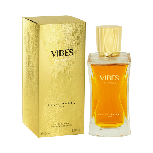 Louis Varel Vibes Women EDP 100ml Perfume – curvy bottle design, feminine fragrance with fruity floral notes, jasmine, amber and musky woody background at Beautika Shop