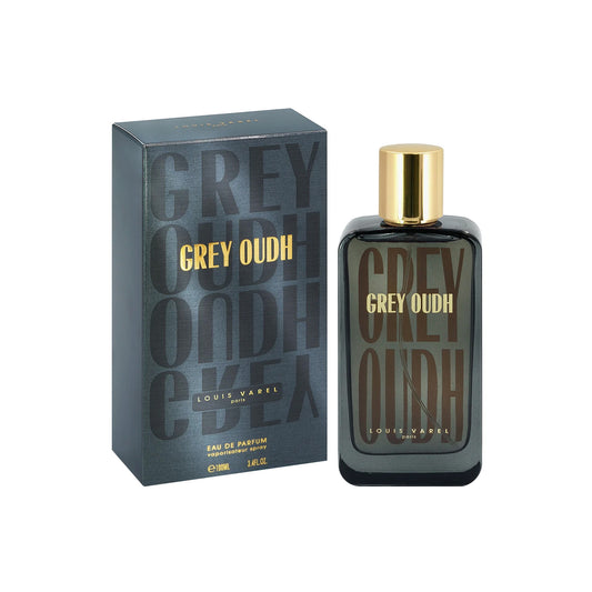 Louis Varel Grey Oudh EDP 100ml Perfume – premium unisex oud fragrance blended with saffron, musk, and pink pepper, featuring elegant packaging and long-lasting aroma at Beautika Shop