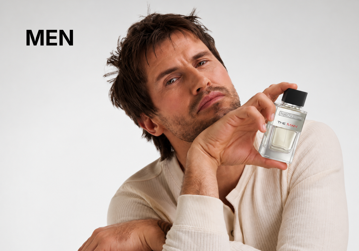 A man in a cream ribbed sweater holds a clear glass bottle of The Mark Men fragrance against a light gray background. The brand name 'THE MARK' is visible on the bottle label, and 'MEN' is printed in bold black text in the upper left corner.