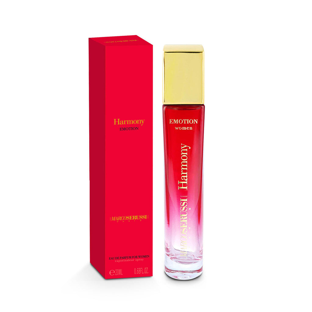 Marco Serussi Harmony Emotion EDP Women 20ml Perfume Ã¢â‚¬â€œ chic feminine fragrance with fruity top notes, floral bouquet, sandalwood, patchouli, tonka beans, and musk in elegant golden-capped bottle at Beautika Shop