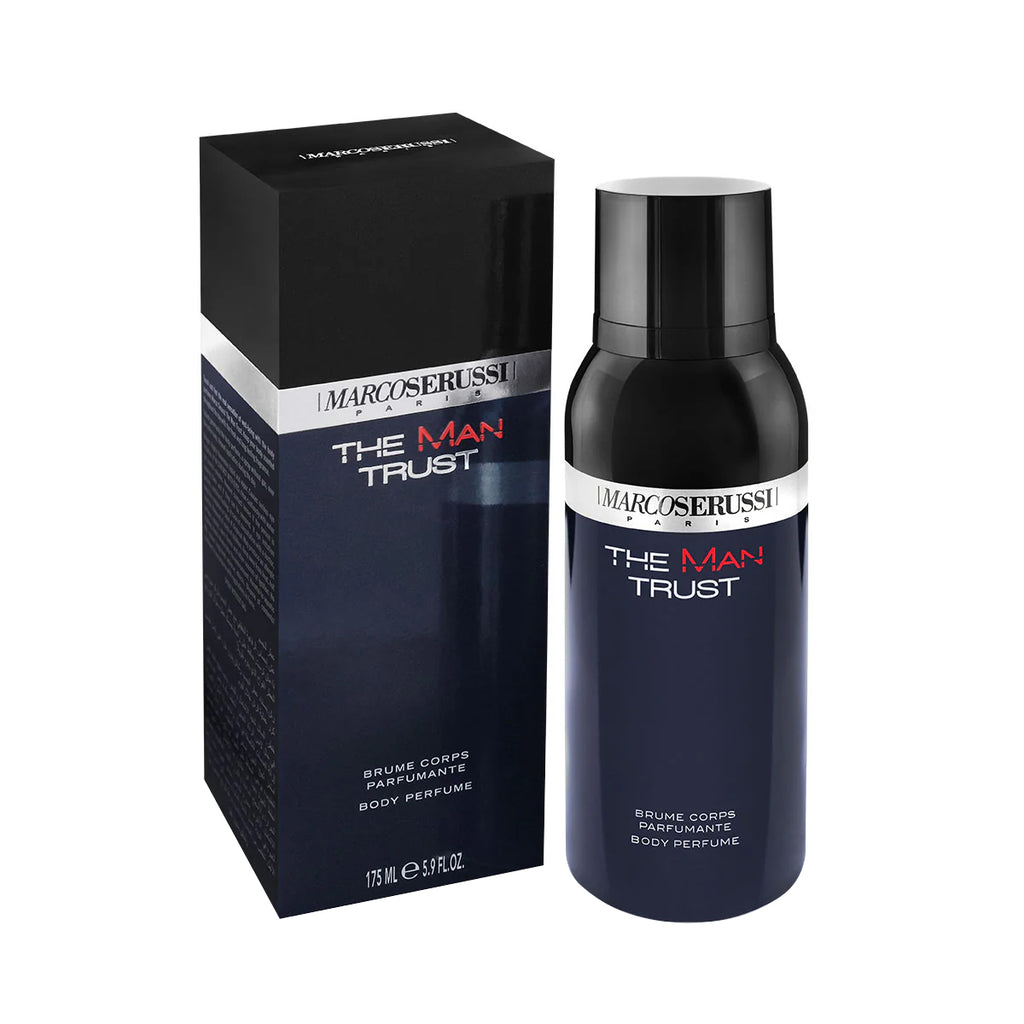 Marco Serussi The Man Trust 175ml Body Perfume Ã¢â‚¬â€œ fresh long-lasting unisex fragrance in dark blue bottle with silver metal shield, enhancing masculine charm at Beautika Shop