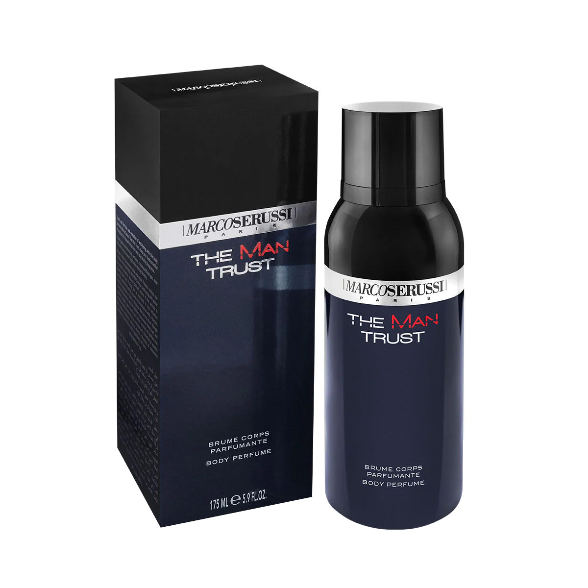 Marco Serussi The Man Trust 175ml Body Perfume Ã¢â‚¬â€œ fresh long-lasting unisex fragrance in dark blue bottle with silver metal shield, enhancing masculine charm at Beautika Shop