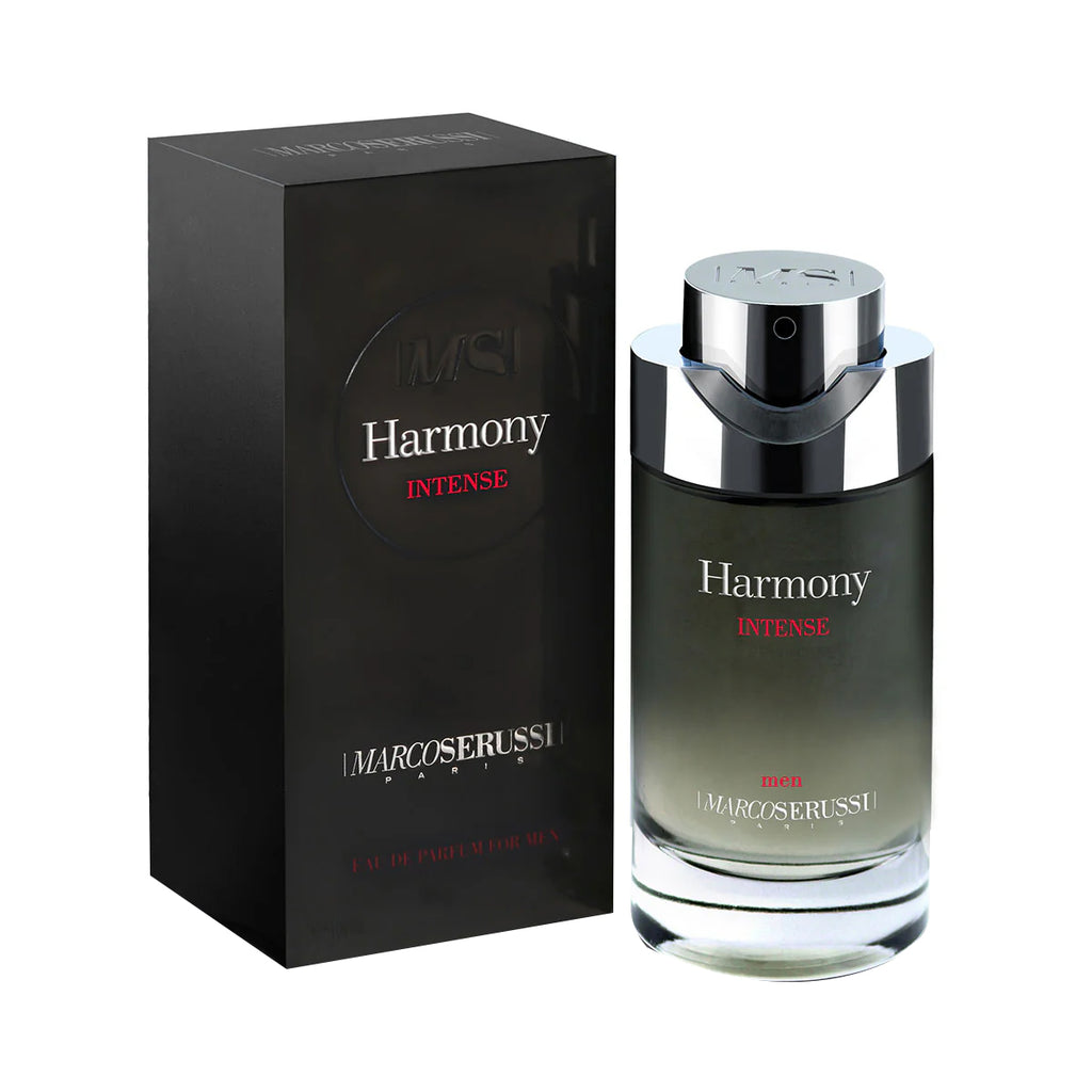 Marco Serussi Harmony Intense EDP 100ml Perfume Ã¢â‚¬â€œ elegant menÃ¢â‚¬â„¢s fragrance in harmonized bottle with shiny cap, sophisticated woody, spicy and musky scent at Beautika Shop