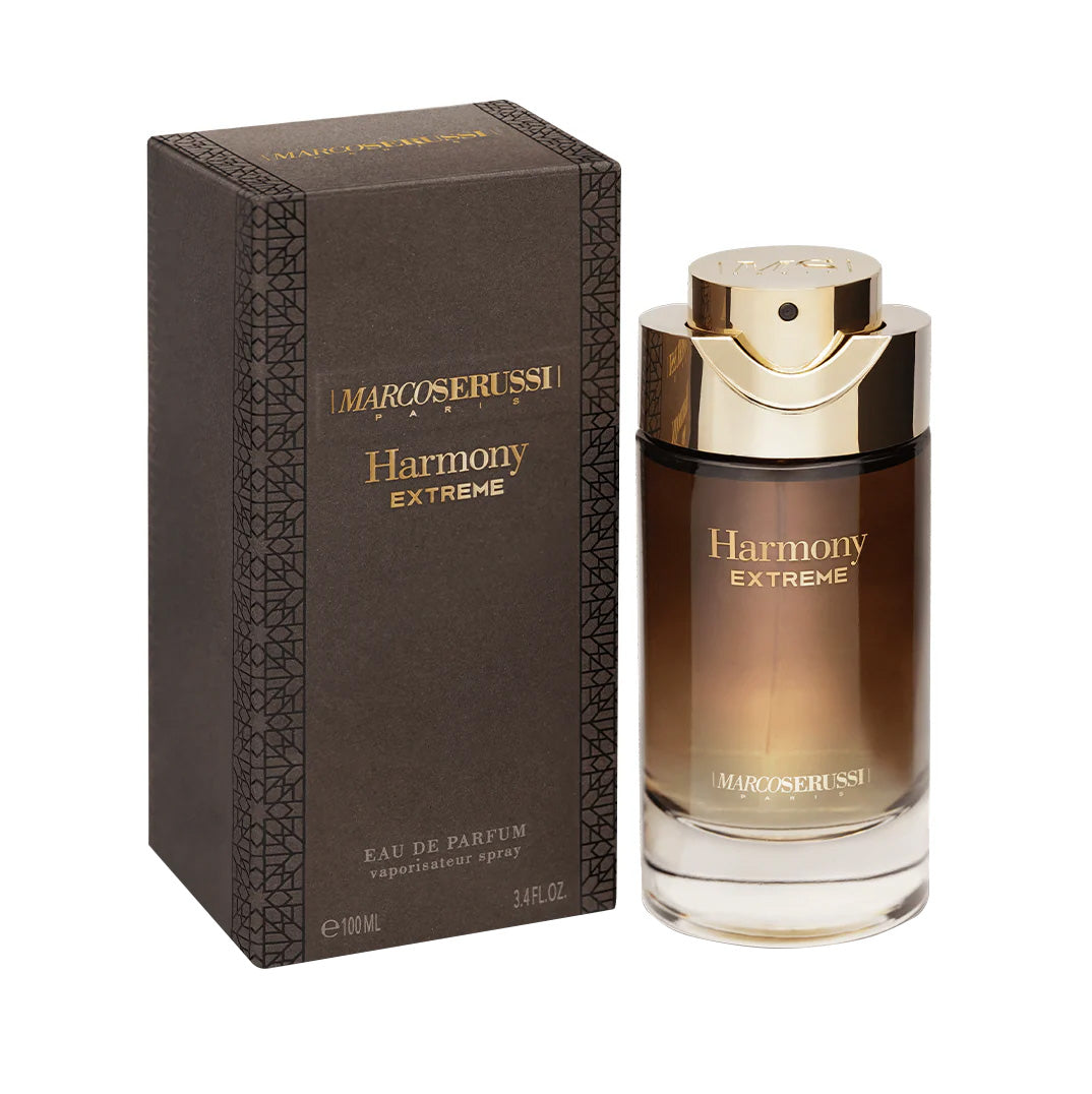 Marco Serussi Harmony Extreme 100ml Perfume – chic bottle with gold cap, woody oriental fragrance blended with rose, vanilla, cinnamon, musk and sandalwood at Beautika Shop