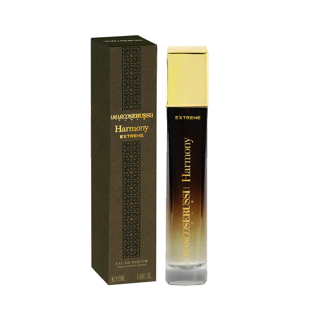 Marco Serussi Harmony Extreme EDP 20ml Perfume Ã¢â‚¬â€œ luxurious unisex fragrance with woody, oriental, rose, nutmeg, vanilla, cinnamon, musk, tobacco, and sandalwood notes in chic gold-capped bottle at Beautika Shop"