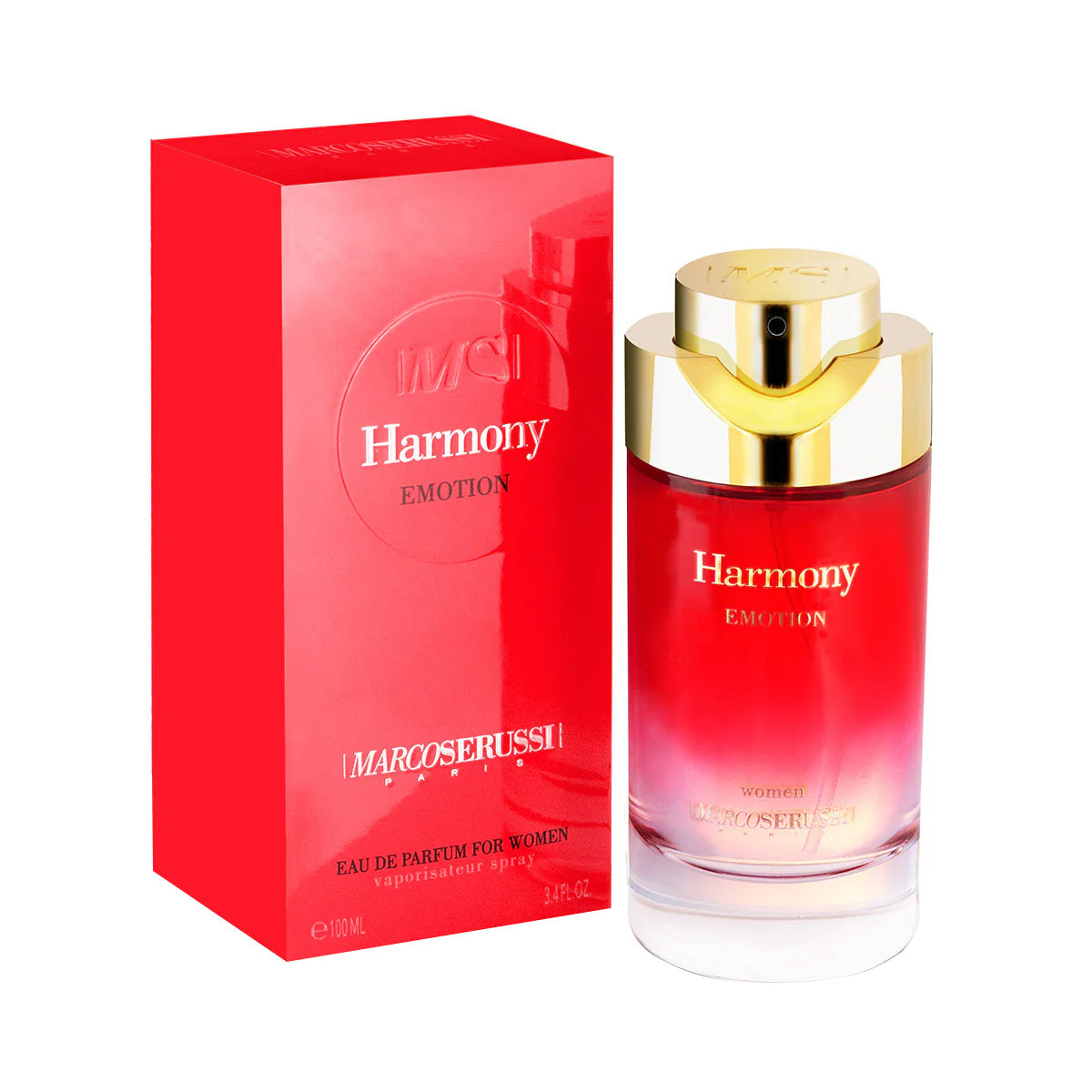 Marco Serussi Harmony Emotion EDP 100ml Perfume Ã¢â‚¬â€œ chic bottle with golden cap, womenÃ¢â‚¬â„¢s fragrance blending fruity, floral, sandalwood and musk notes at Beautika Shop