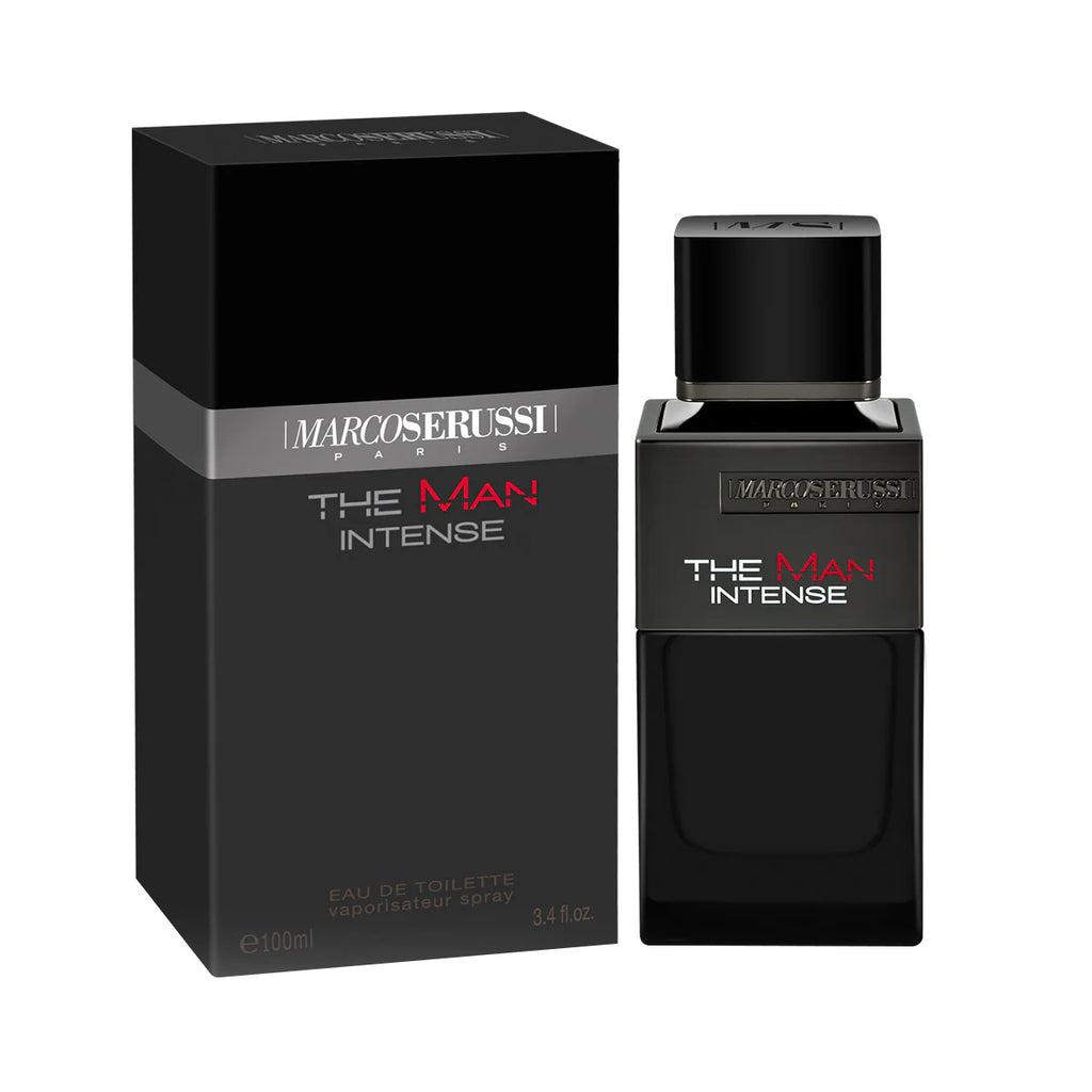 Marco Serussi The Man Intense EDT 100ML Perfume Ã¢â‚¬â€œ masculine fragrance for men in dark bottle with gunmetal shield, modern and powerful scent at Beautika Shop
