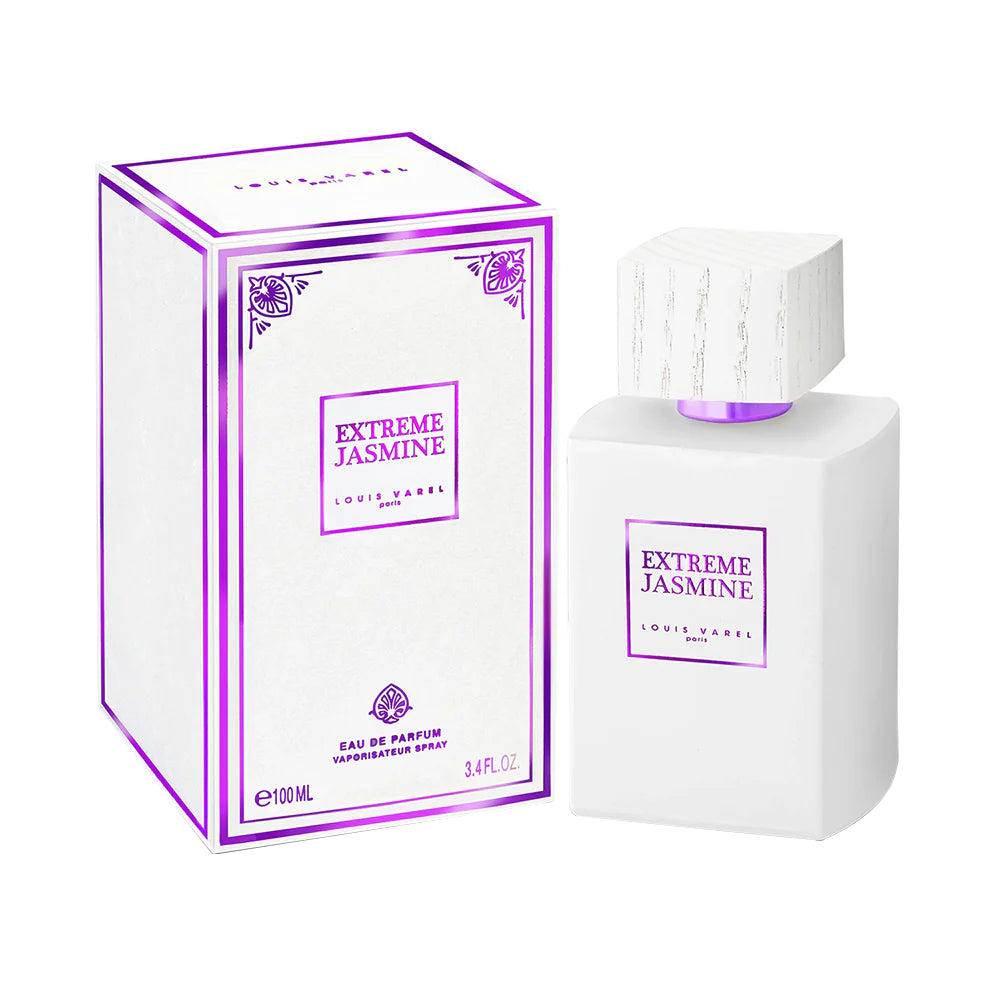 Louis Varel Extreme Jasmine EDP 100ml Perfume Ã¢â‚¬â€œ white and purple bottle, floral fruity fragrance with grandiflora and sambac jasmine, almond woody notes at Beautika Shop