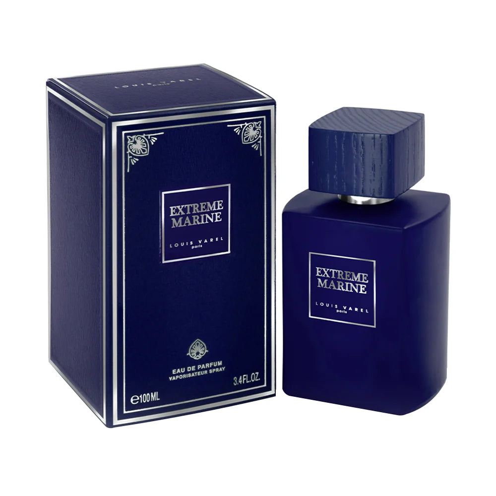 Louis Varel Extreme Marine EDP 100ml Perfume Ã¢â‚¬â€œ blue bottle with silver design, unisex fragrance with marine, saffron, driftwood, oud, amber and woody floral notes at Beautika Shop