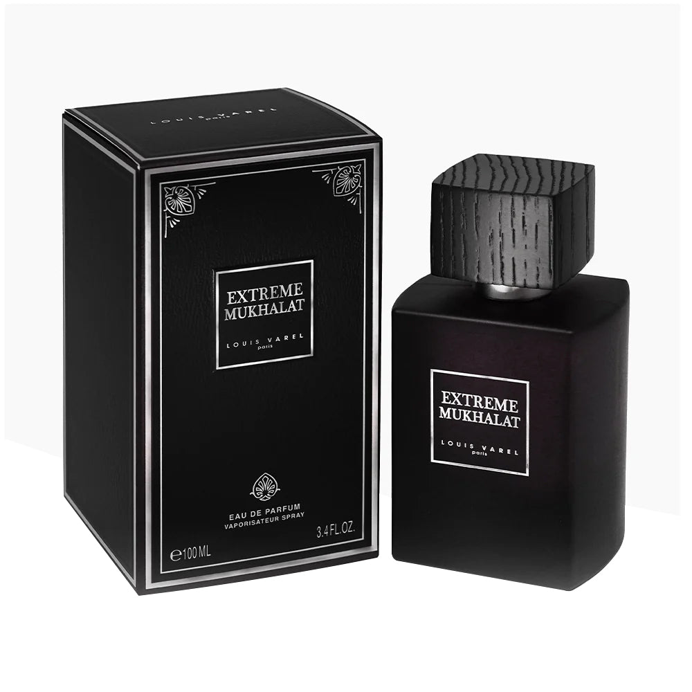 Louis Varel Extreme Mukhalat EDP 100ml Perfume Ã¢â‚¬â€œ oriental spicy fragrance with bergamot, iris, vanilla, patchouli, and pure oil blend of oud, rose, musk, sandalwood, and amber in elegant dark brown bottle at Beautika Shop