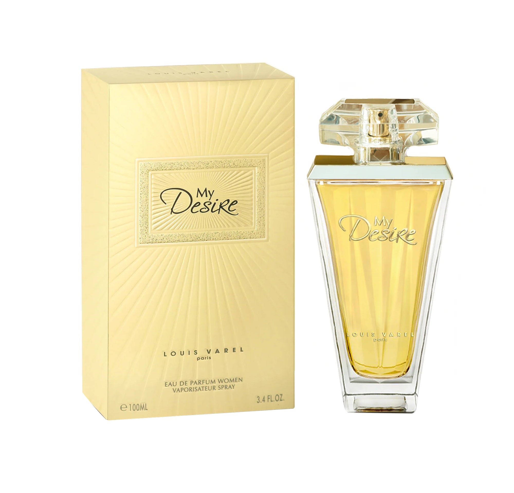 Louis Varel She EDP 100ml Perfume Ã¢â‚¬â€œ shiny golden bottle, elegant womenÃ¢â‚¬â„¢s fragrance with floral jasmine, mandarin, amber, cashmere and woody notes at Beautika Shop