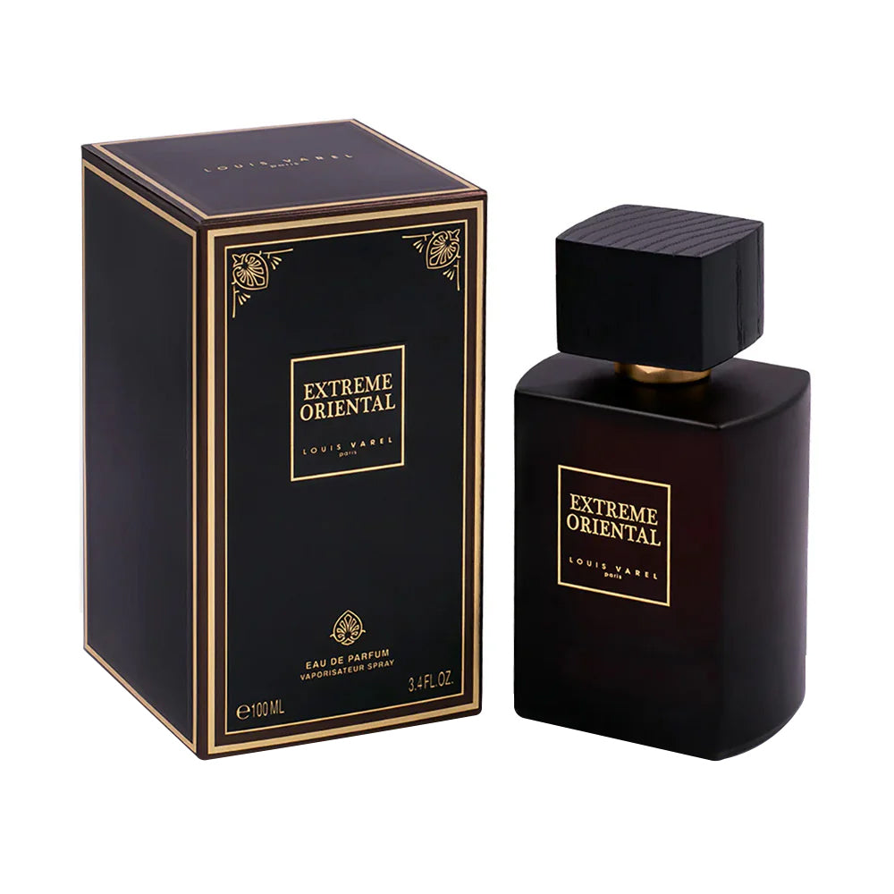 Louis Varel Extreme Oriental EDP 100ml Perfume Ã¢â‚¬â€œ unisex spicy oriental fragrance with amber, patchouli, vanilla, bergamot, and neroli, long-lasting elegant scent in dark brown and gold design at Beautika Shop