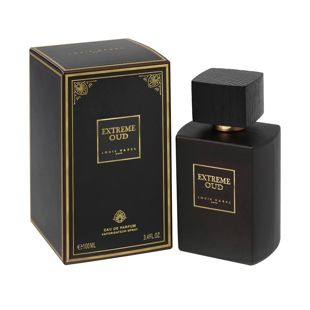 Louis Varel Extreme Oud EDP 100ml Perfume Ã¢â‚¬â€œ luxurious woody amber fragrance with rich oud, patchouli, geranium, cistus, and osmanthus in an elegant brown and gold bottle at Beautika Shop