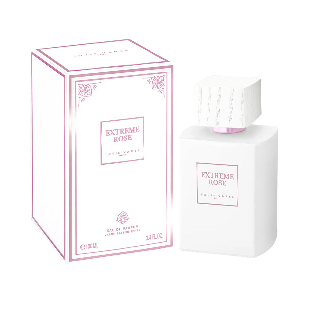 Louis Varel Extreme Rose EDP 100ml Perfume Ã¢â‚¬â€œ white and pink bottle, sweet oriental fragrance with rose, toffee, and vanilla at Beautika Shop