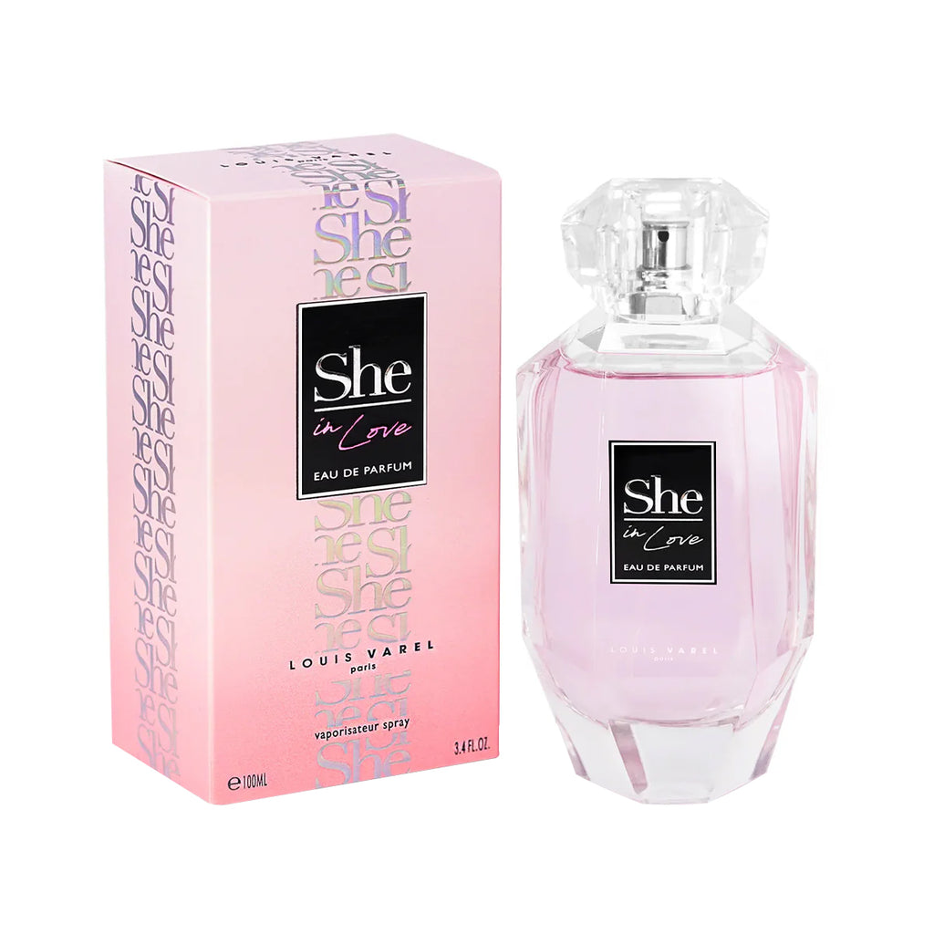 Louis Varel She In Love EDP 100ml Perfume Ã¢â‚¬â€œ transparent bottle with pink fragrance, feminine floral scent with jasmine, coconut, peach, musk and cashmere at Beautika Shop