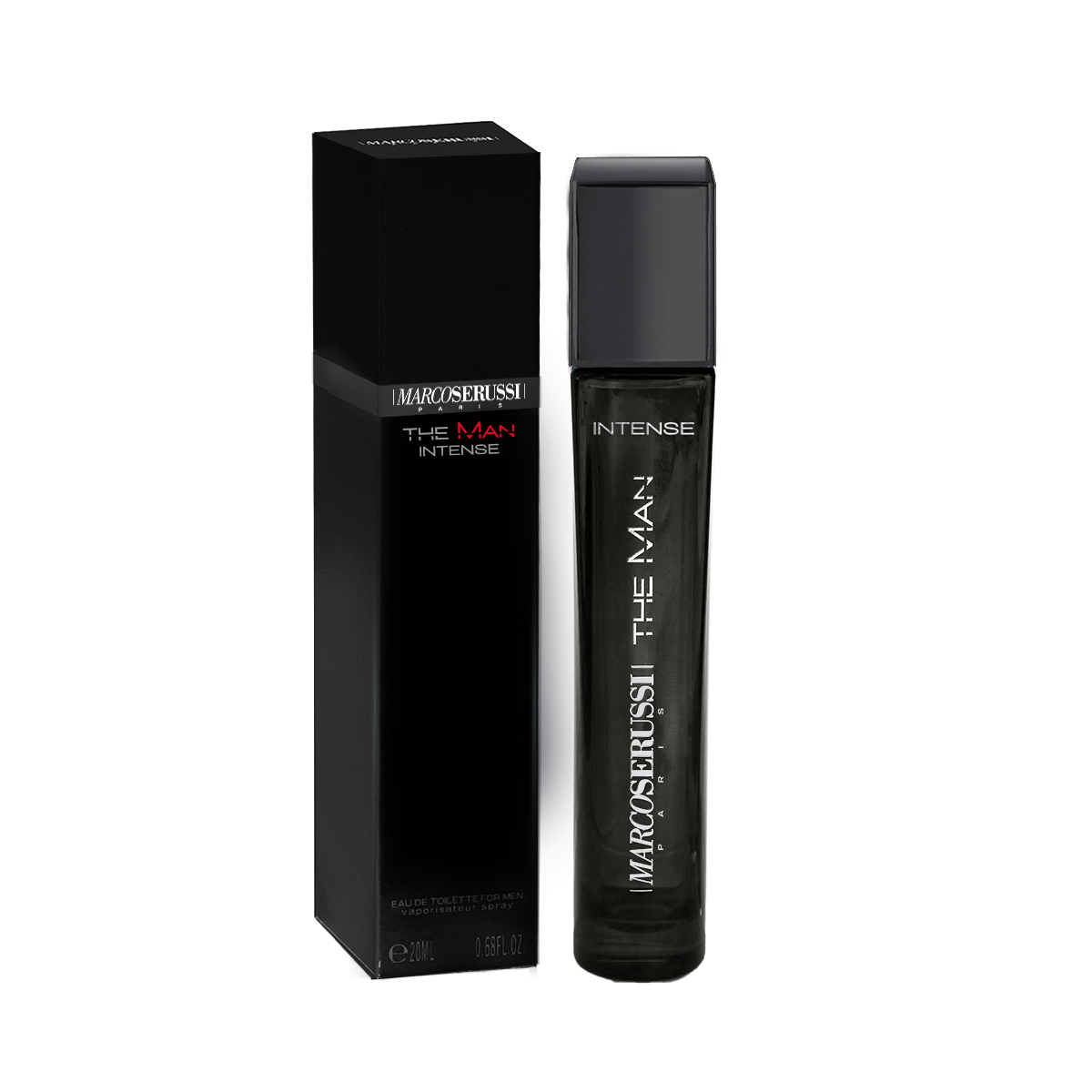 Marco Serussi The Man Intense EDT 20ml Perfume Ã¢â‚¬â€œ bold masculine fragrance with modern manhood essence in dark bottle with gunmetal shield and black-grey box at Beautika Shop