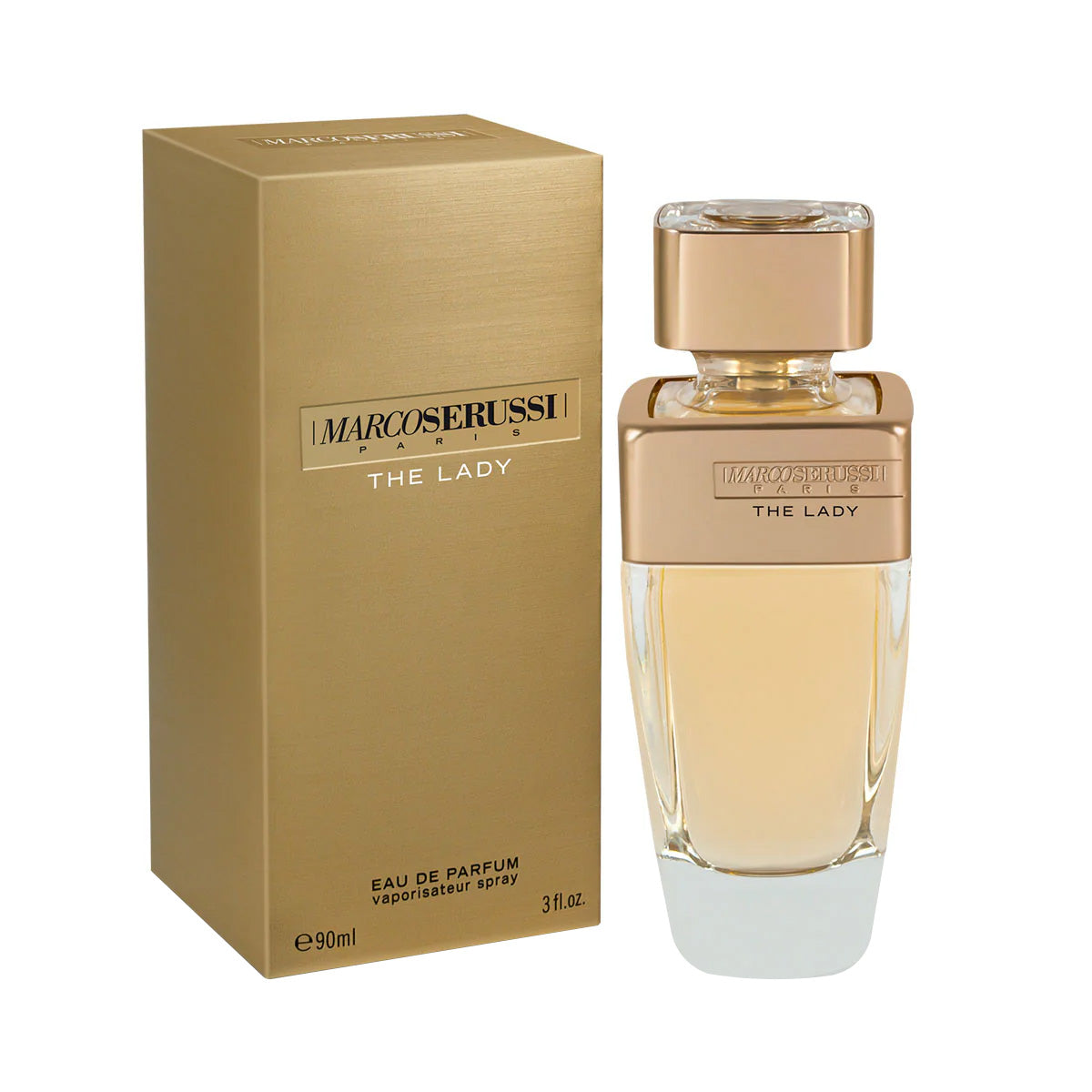 Marco Serussi The Lady EDP 90ml Perfume Ã¢â‚¬â€œ womenÃ¢â‚¬â„¢s fragrance in curvy bottle with golden strip and cap, elegant and powerful scent at Beautika Shop