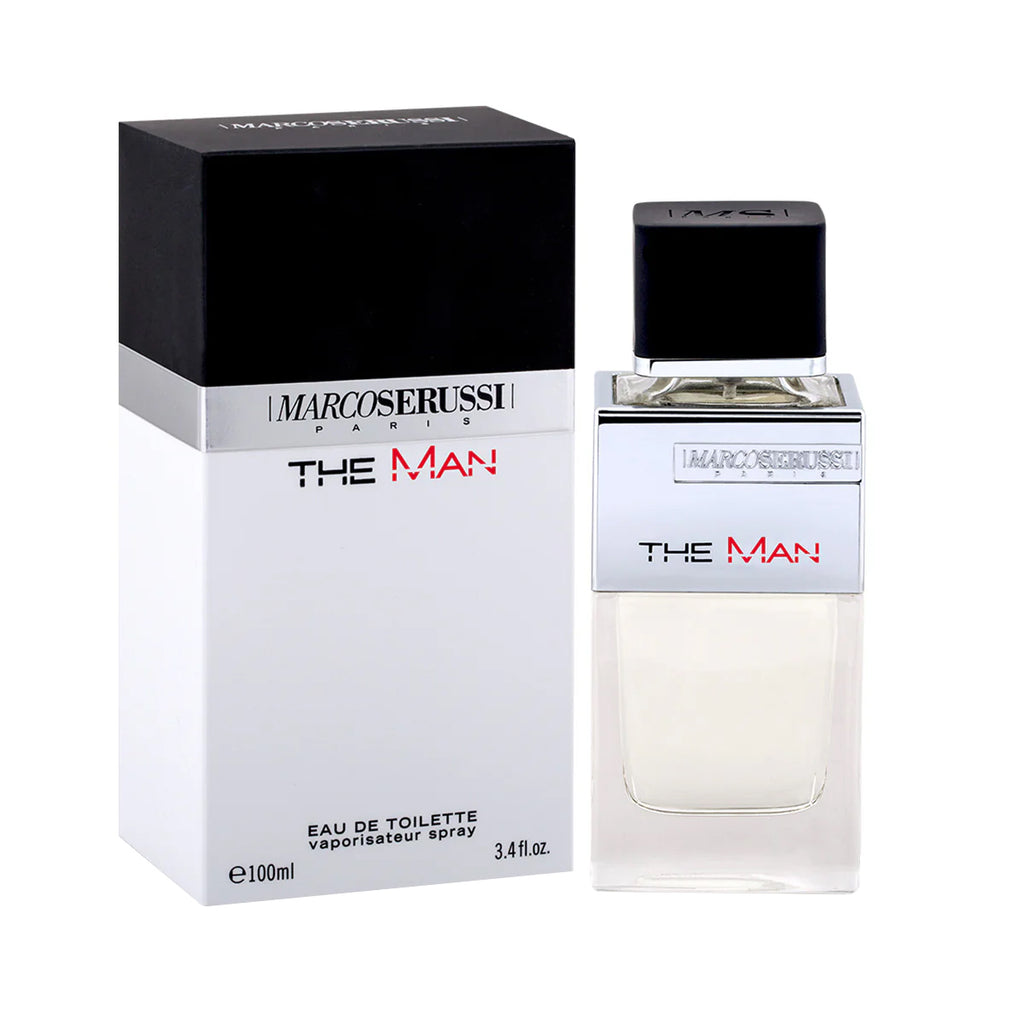 Marco Serussi The Man EDT 100ML Perfume Ã¢â‚¬â€œ menÃ¢â‚¬â„¢s fragrance in long bottle with metal shield and soft-touch cap, elegant masculine scent available at Beautika Shop