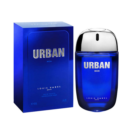 Louis Varel Urban Men EDT 90ml Perfume – stylish dark blue bottle, energetic masculine fragrance with woody, fruity and spicy notes at Beautika Shop