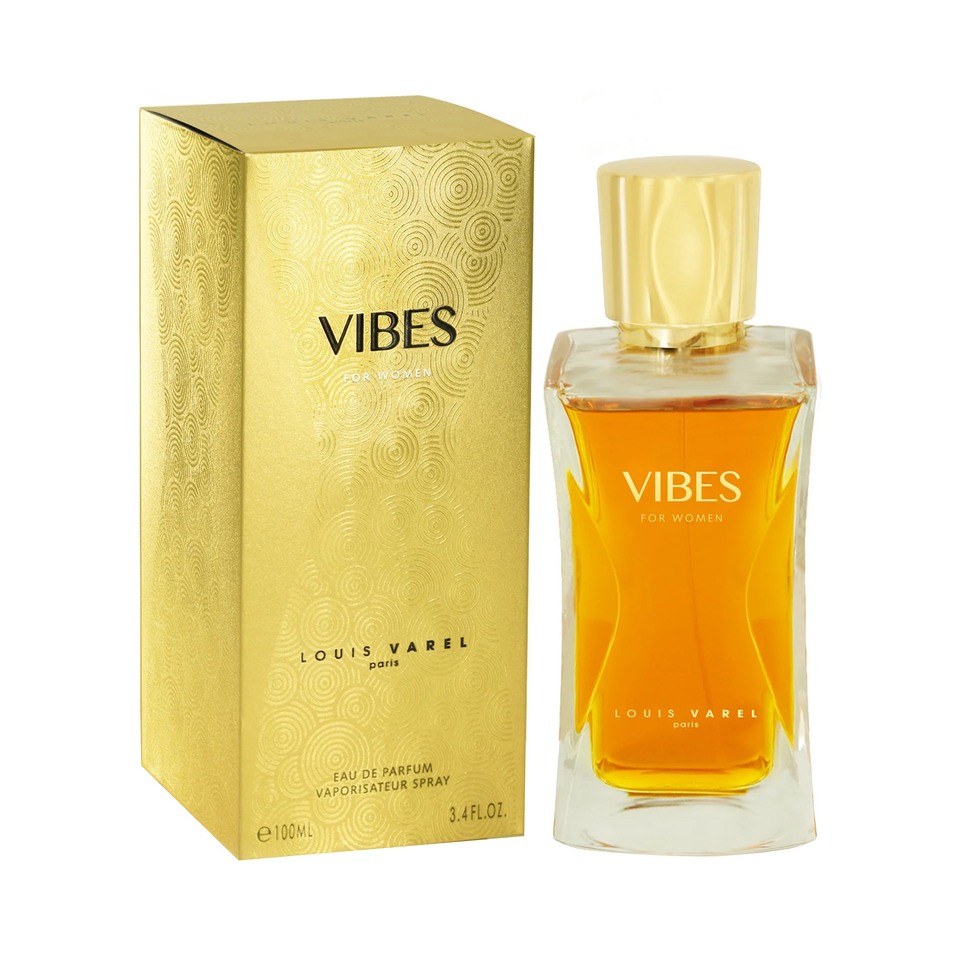Louis Varel Vibes Women EDP 100ml Perfume Ã¢â‚¬â€œ curvy bottle design, feminine fragrance with fruity floral notes, jasmine, amber and musky woody background at Beautika Shop